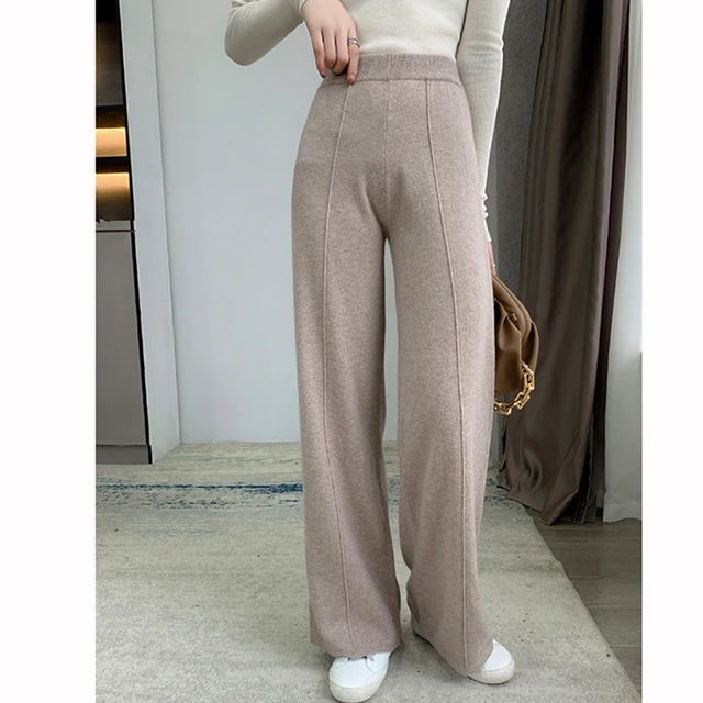 Women's 100% Wool Soft Waxy Comfortable Camel Pants Cashmere Female Pure Knitted  Wide Leg Pants Elastic Casual Loose Knitte - Pants & Capris - AliExpress