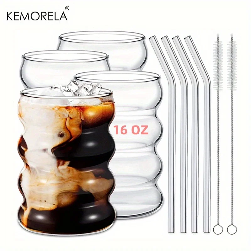 4pcs, Ribbed Glass Cups With Lids And Straws, 16oz Drinking