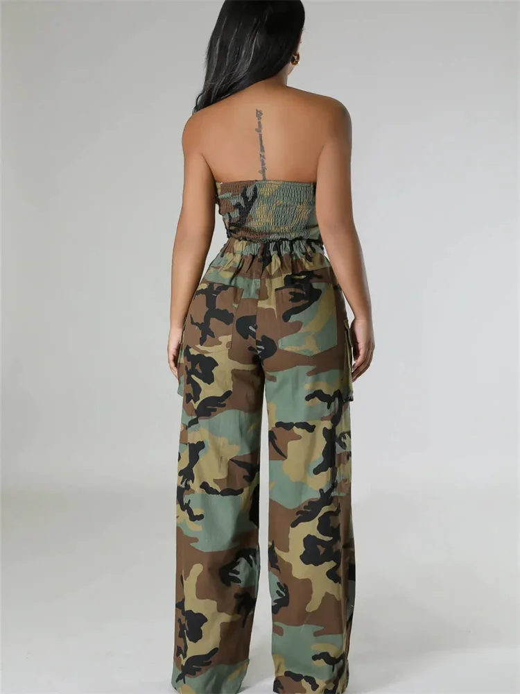 Wmstar Women Two Piece Set  Off Shoulder Camouflage Crop Top Wide Leg Pants Sets Matching Outfits Jogging Tracksuit Dropshipping