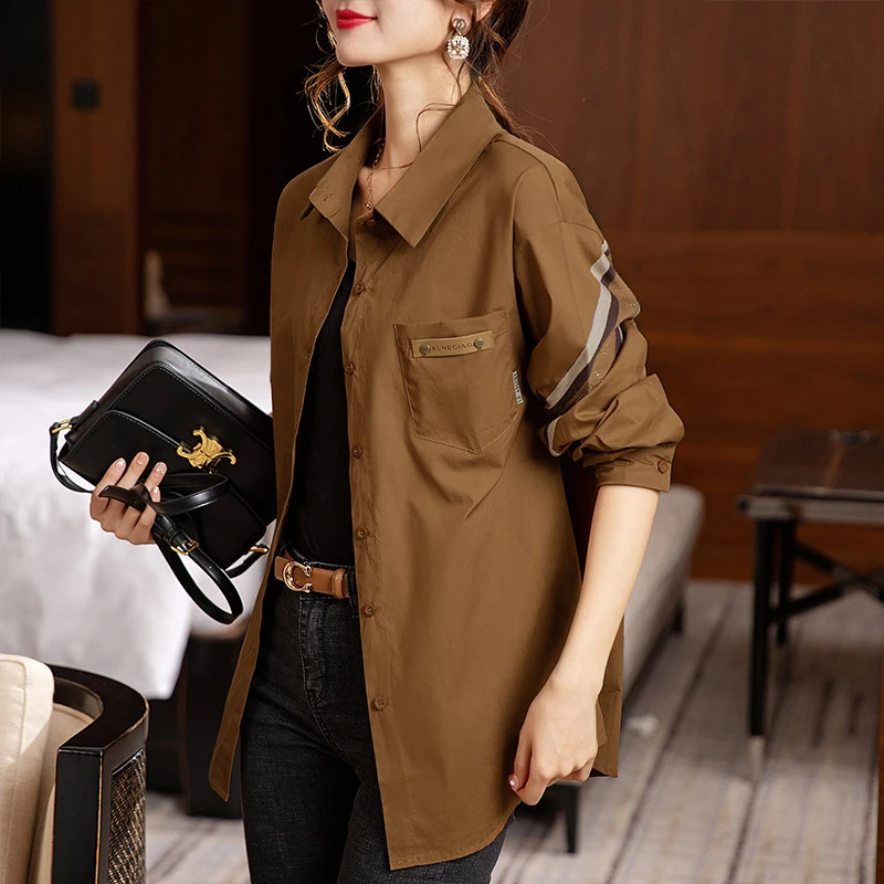 2022 New Women's Shirt Slim Tops Spring Shirt Collar Striped Single Breasted Pocket Long Sleeve Casual All Match Bottoming Shirt