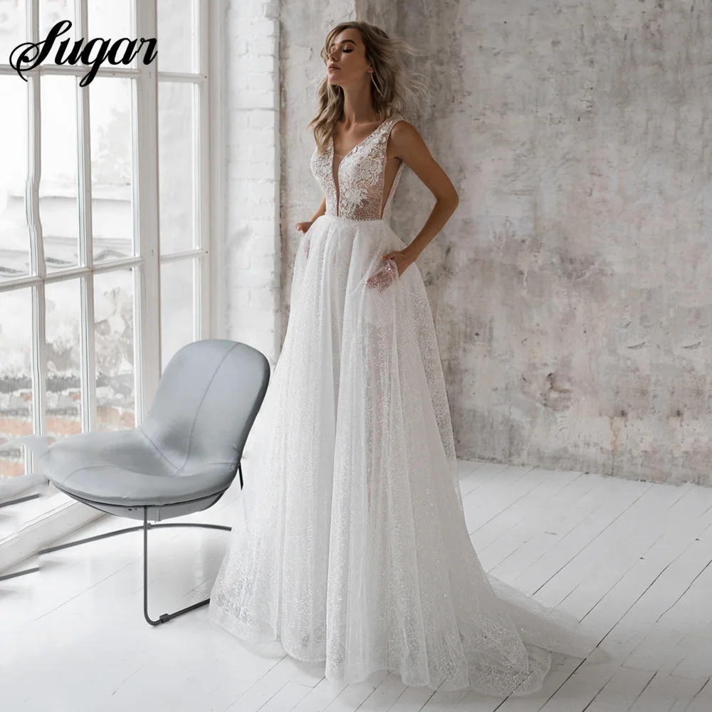 

Elegant Glitter A-Line Wedding Dress V-Neck Lace Appliques Sleeveless Beading Bridal Gown Sexy Brides Dress With Pocket