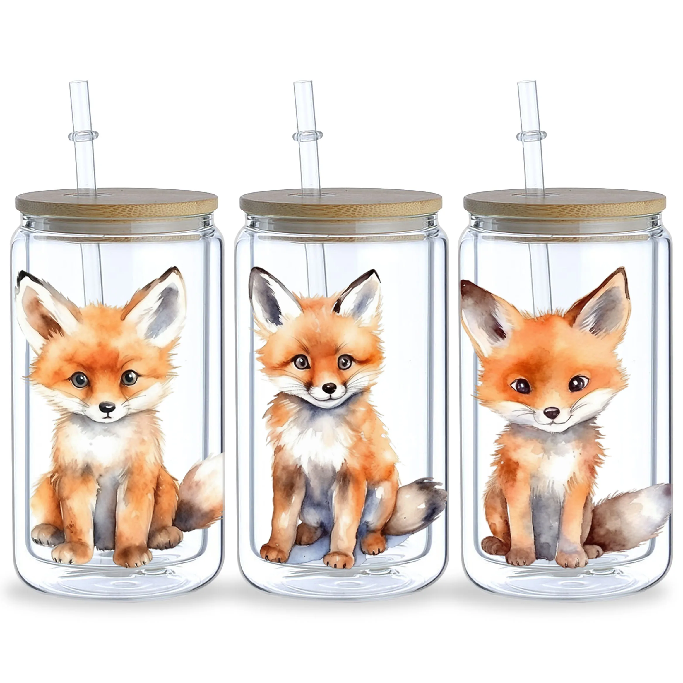 5 Sheets Fox UV DTF Mug Stickers, Glass Sports DTF Transfer Stickers, Waterproof Cute Fox Wipe-On Transfers for 16 oz Glass, Mug