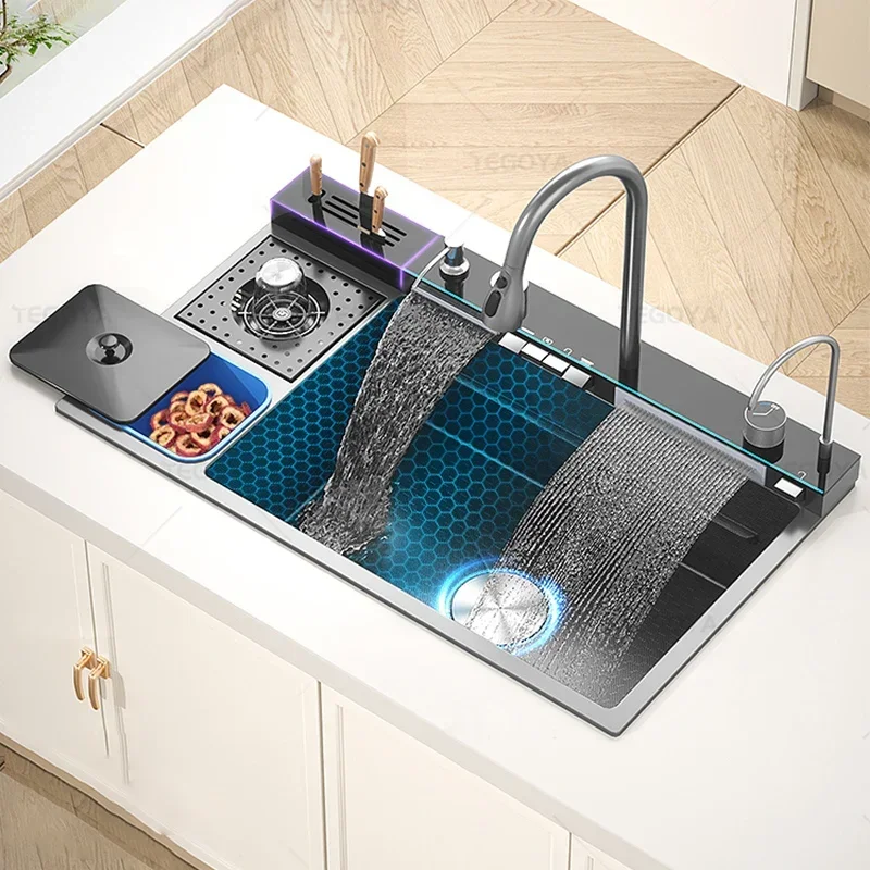 Stainless Steel Sink Waterfall with Trash Can Cup Wash Kitchen Apartment Countertop Wash Basin Large Single Sink