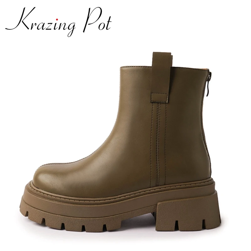 

Krazing Pot Full Grain Leather Round Toe Med Heel Chelsea Boots Platform Western Simple Style French Romantic Zipper Ankle Boots