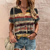 Retro Women's T-Shirt Summer V-Neck Short Sleeve Tee Casual Harajuku Stripe Print T Shirt for Women Streetwear Pullover Tops New 9