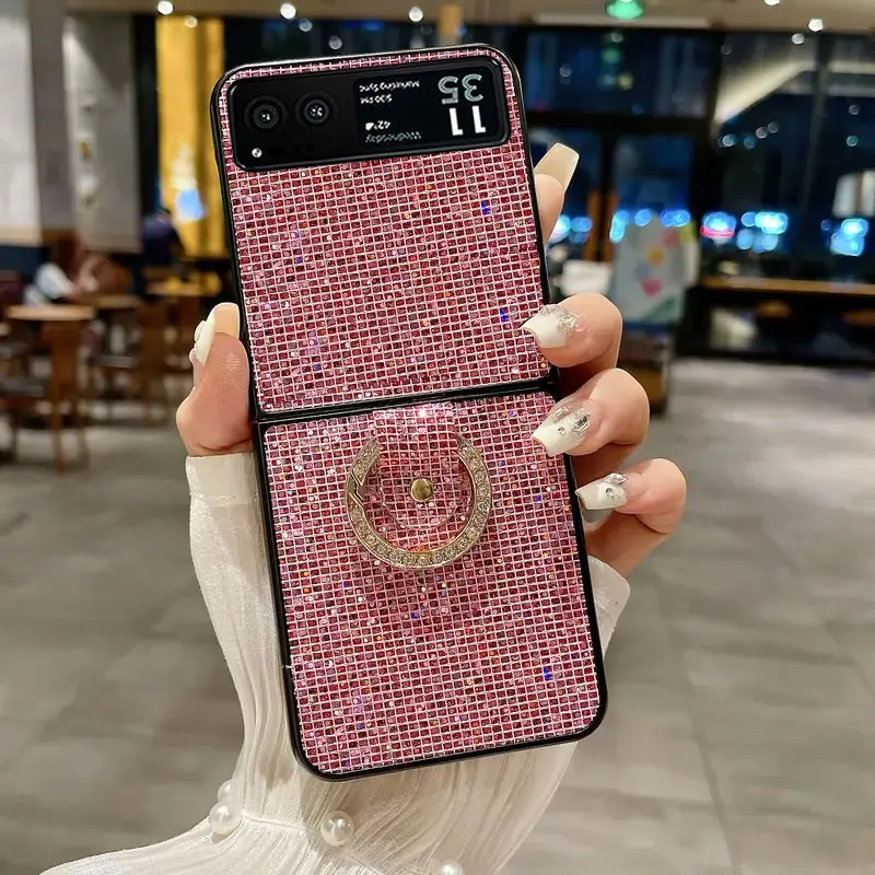 Luxury Bling Lattice Pattern Rhinestone Ring Grip Phone Case - Fashion Glitter Shell