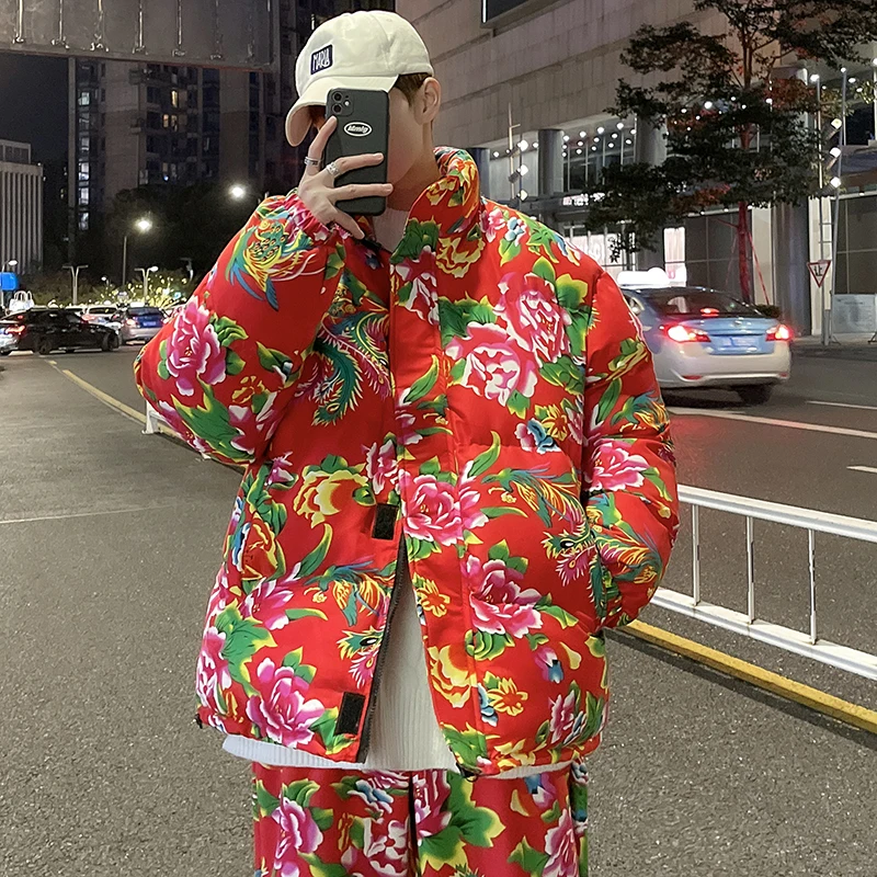 Northeast Big Flower Print Cotton-Padded Coat Men's, Red New Year Flower Coat Trendy Thickened Pattern Cotton-Padded Coat
