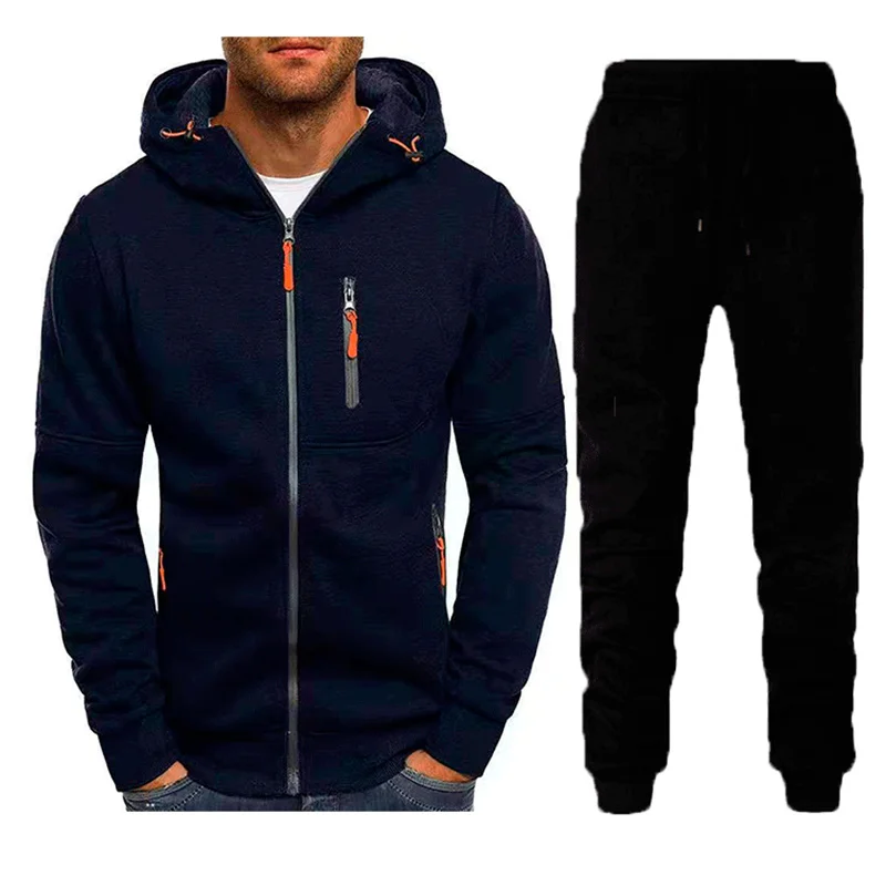 Casual Sports Style Two Piece Sets Men's Warm Cotton Hooded Outerwear Inside Pocket Drawstring Trousers Autumn Winter Male Suits