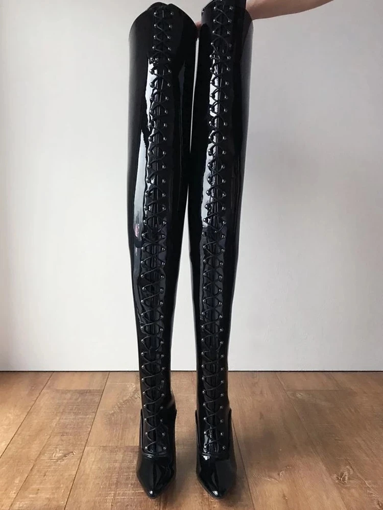 Crotch Hard Shaft Lace up Boots High Heel Stiletto Black Patent Leather Pointed Toe Long Shaft Shoes Women Winter Runway Stage
