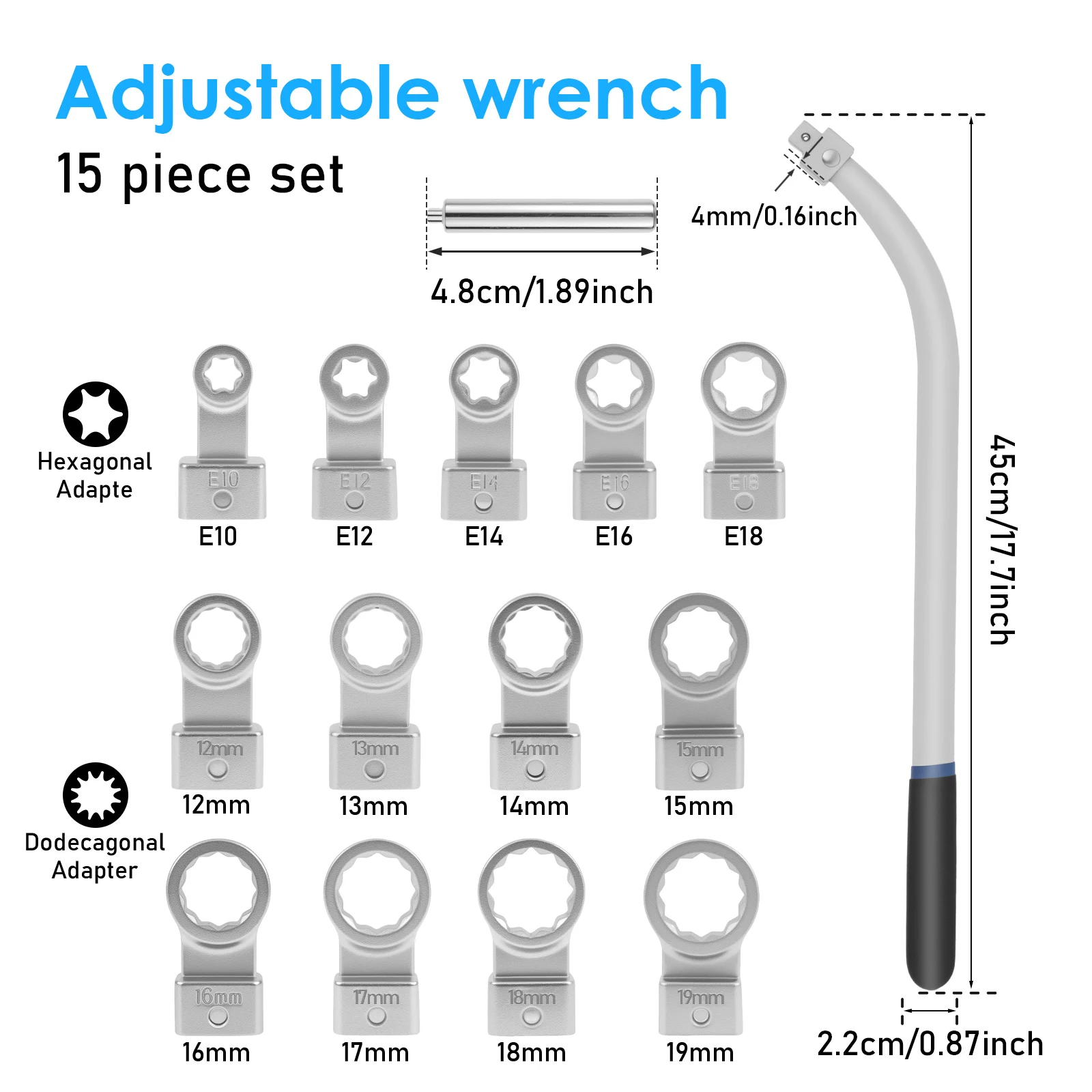 15Pcs Universal Auxiliary Idler Adjustment Wrench with Hex and Dodecagonal Adapters Kit (0.47"-0.74") Serpentine Belt Tension