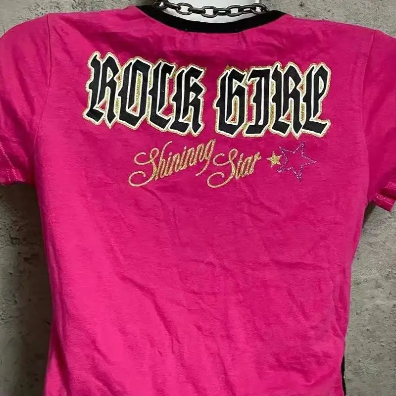 Punk Gothic T shirt Summer Women Clothes Vintage Pink Letter Streetwear 90s Crop Top Short sleeve Korea Hip Hop Tees Y2k Tops 2