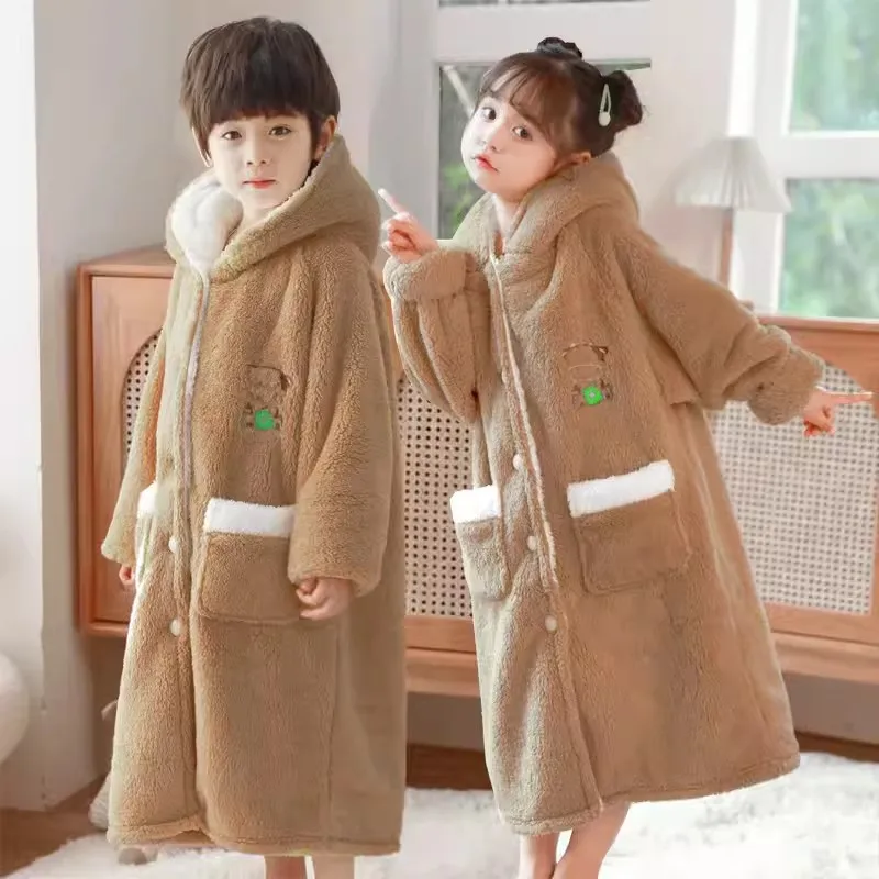 Winter Bathrobe Kids Thicken Warm Flannel Homewear Children Boys Cartoon Bear Nightwear Girls Princess Pink Hooded Button Robes