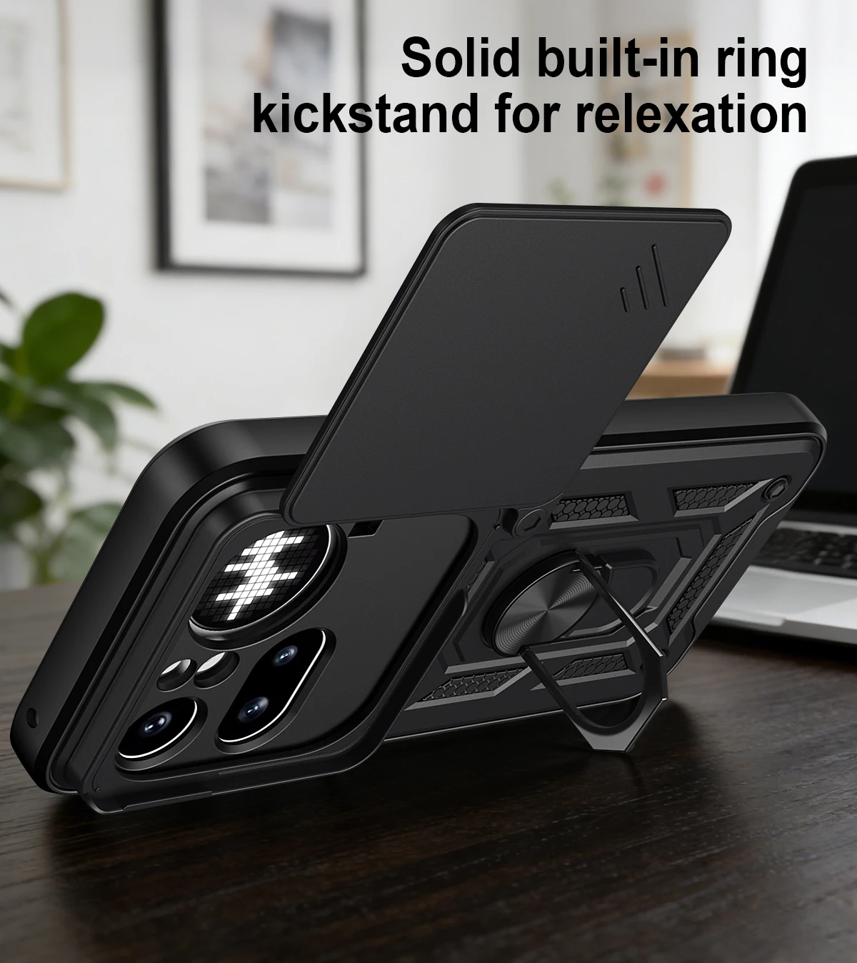 Heavy Duty Shockproof Camera Slider Phone Case with Matte Finish and Ring Holder Kickstand