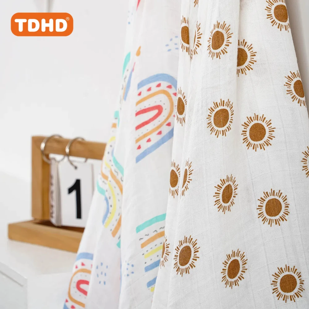 TDHD 120x110cm Bamboo Cotton Baby Muslin Swaddle Blanket Cute Soft Print Baby Towel Wrap