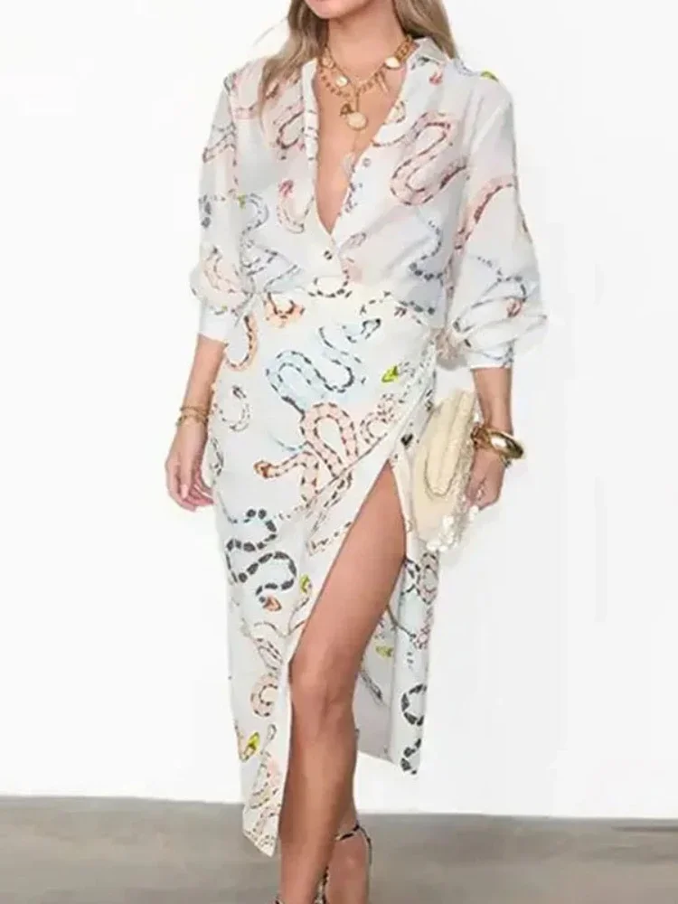 Print Shirt Skirt for Women Long Sleeve Dress Slit Skirt Women's Single Breasted Beach Two Piece Skirt Sets Womens Outifits