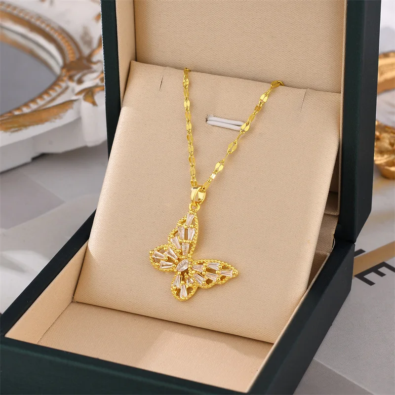 

Fashion Versatile Titanium Steel Necklace Set with Zircon Butterfly Pendant INS Charm Festival Gift Colorless Jewelry