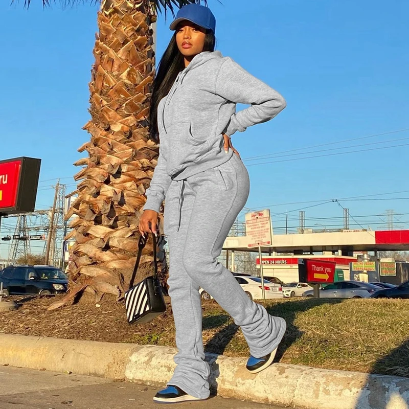 Grey Hoodie Tracksuit Women Set Winter Thick Sweatshirts and Stacked  Sweatpants Jogger Set Sport Two Piece Sweatsuits for Women - AliExpress
