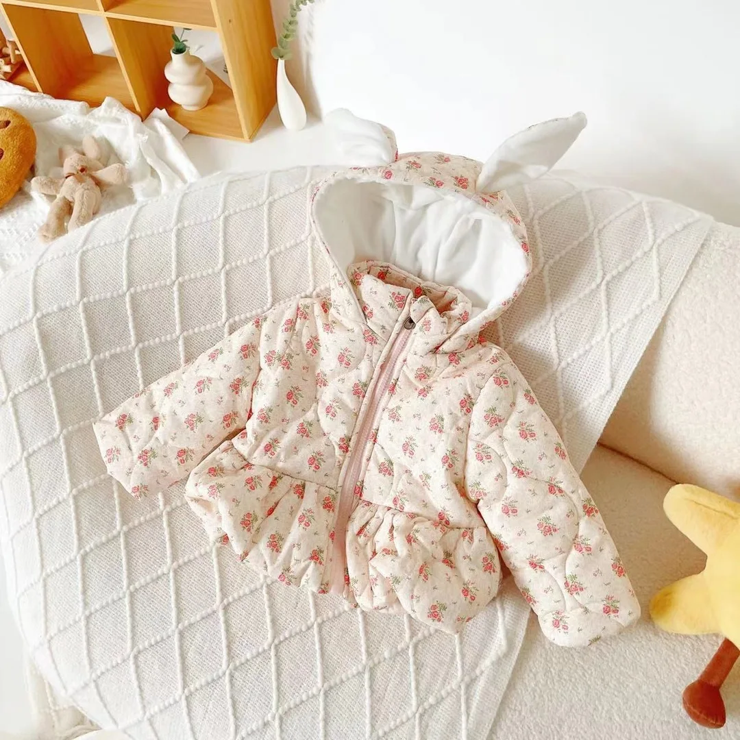 

Children Girls Plush Thickened Jacket 2023 Autumn Winter Floral Hooded Cotton Padded Baby Girls Jacket Rabbit Ear Kid Girl Parka