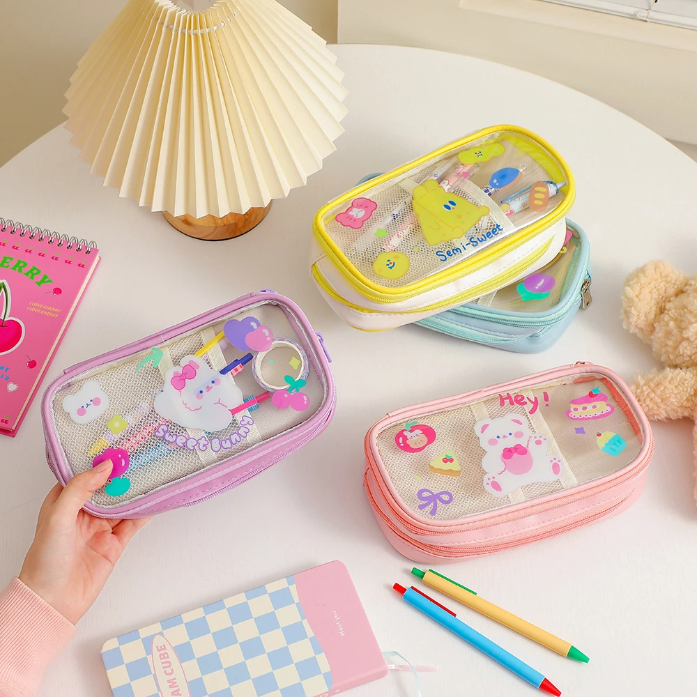 Estuches de lápices transparentes de 2 Kawaii Bear, estuche escolar de gran capacidad para organizador de papelería de PVC, estuche escolar niños| | - AliExpress