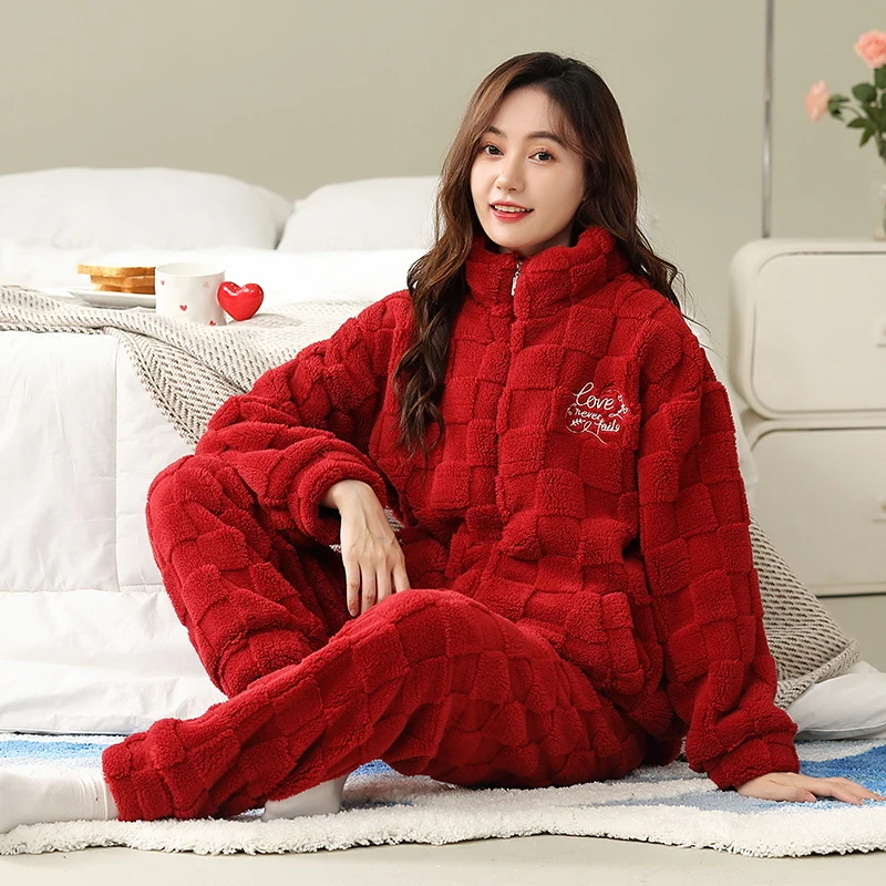 Conjunto de pijamas de franela para mujer, ropa de dormir de talla