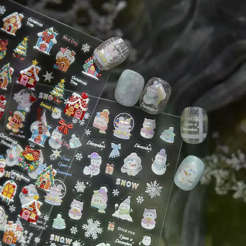 Christmas Relief Nail Art Stickers -Winter Fantasy Snowman House Decorative Stickers for Kids Manicure DIY & Holiday Nail Design