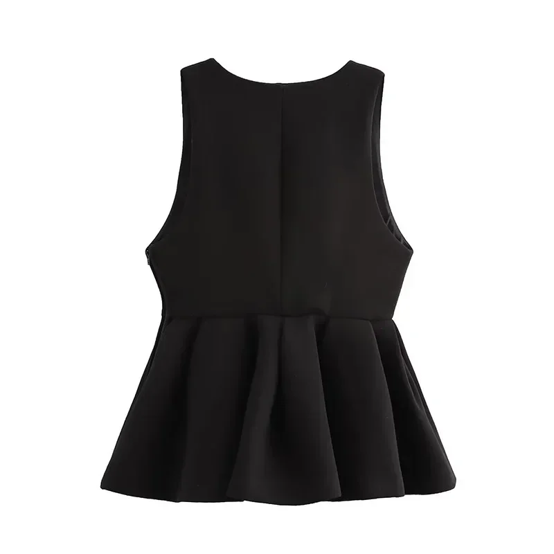 Black Elegant Pant Suit Women V-neck Sleeveless Ruffles Tank Tops Loose Trouser Female 2 Pieces 2025 Fashion Lady Outfits New