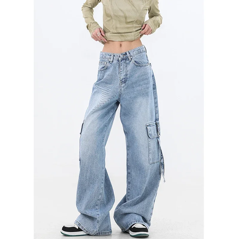 2024 Spring Vintage Y2K High Waist High Street Style Blue Straight Jeans Pockets Pants Women's Wide Leg Baggy Denim Trouser