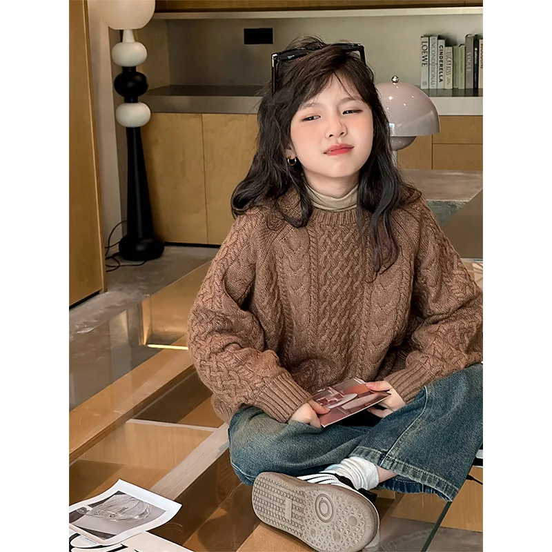 여아용 니트 스웨터, 2023 가을 신상, 어린이 패션, 느슨한 풀오버, 캐주얼 솔리드 탑, 여아 겨울 의류