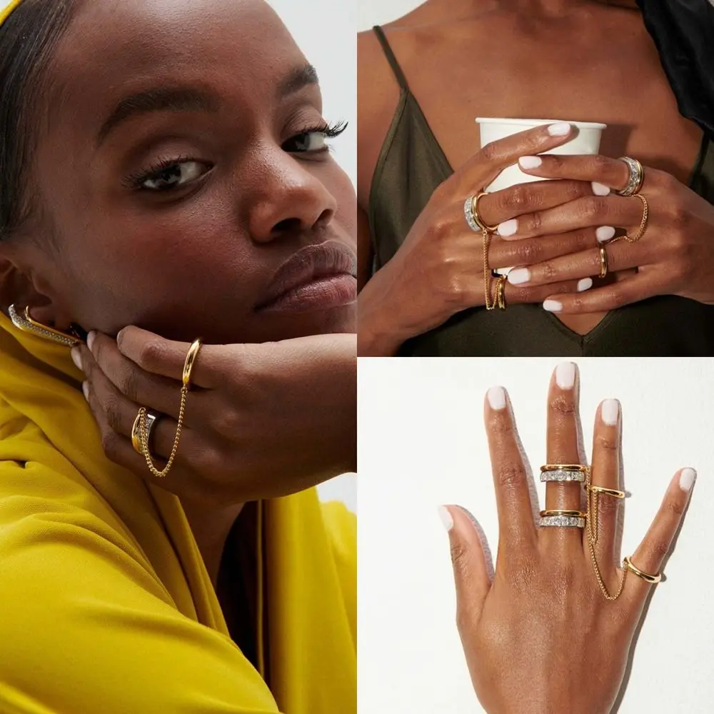 Chic Punk Chain Ring Zircon 18K Gold Silver Tassel Metal Rings Elegant Hip Hop Jewelry for Women