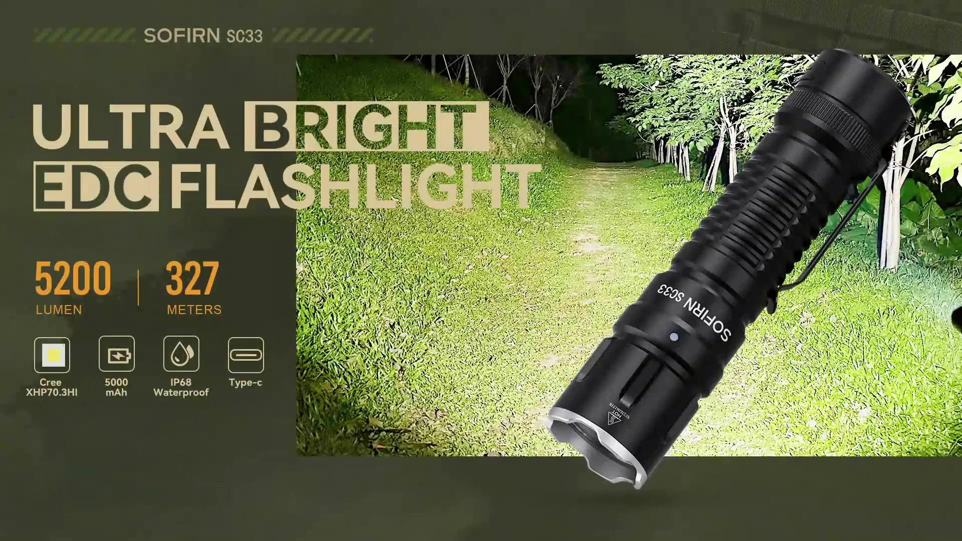 SOFIRN SC33 LED戦術懐中電灯 XHP70.3 HI 5200lm 強力 21700 タイプC