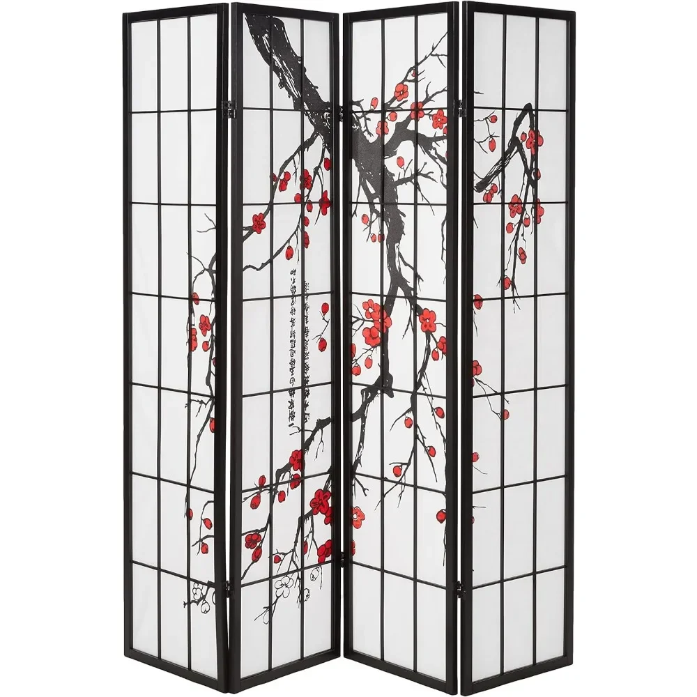 

Black Japanese 4-Panel Screen Room Divider Folding Screen Separator Plum Blossom Biombos Partition Privacy the Standing Wall