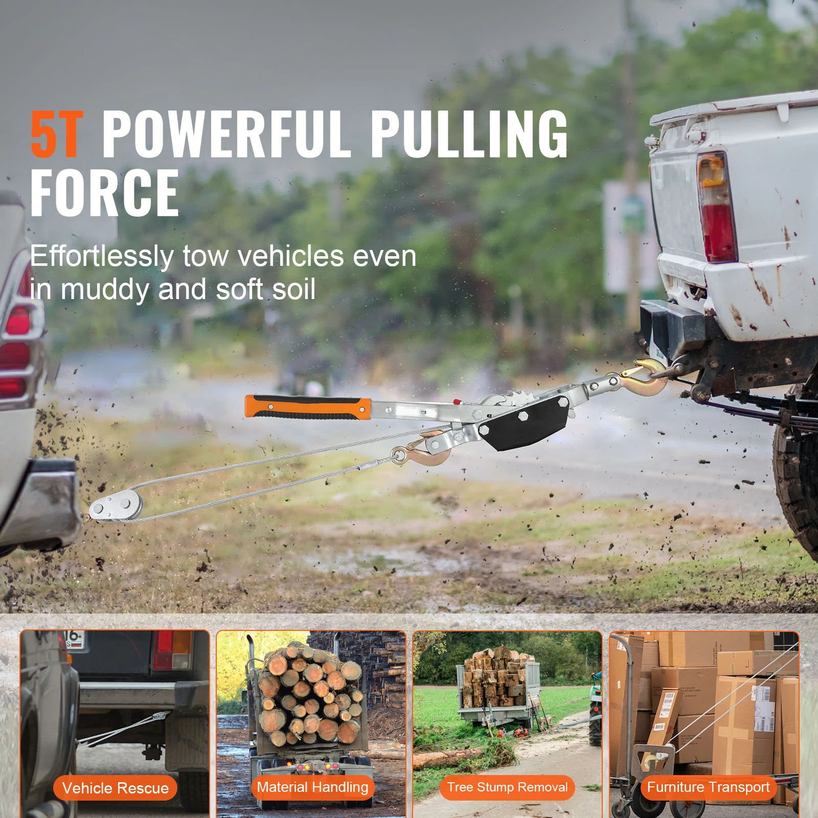 SucceBuy 5T Come Along Winch Ratchet Power Puller Tool with 11.5ft Steel Cable Automotive Hoist Cable Puller for Vehicle Rescue