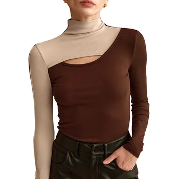 Abbigliamento da donna in stile europeo e americano con colori a contrasto autunno inverno Top con base cava a collo semi-alto 1