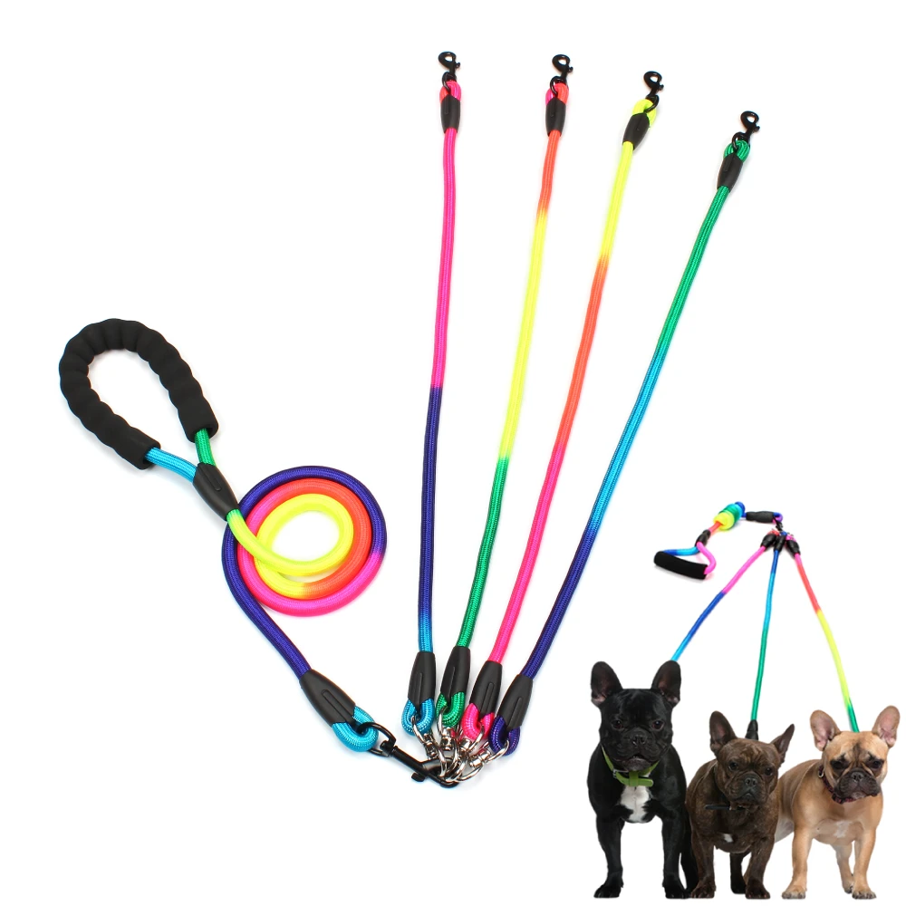 New Rainbow Multi Dogs Leash Nylon Detachable Pet Lead Foam Handle 1 Leash for 2 or 3 or 4 Dogs Round Traction Rope Dog Supplies hunting dog collars	