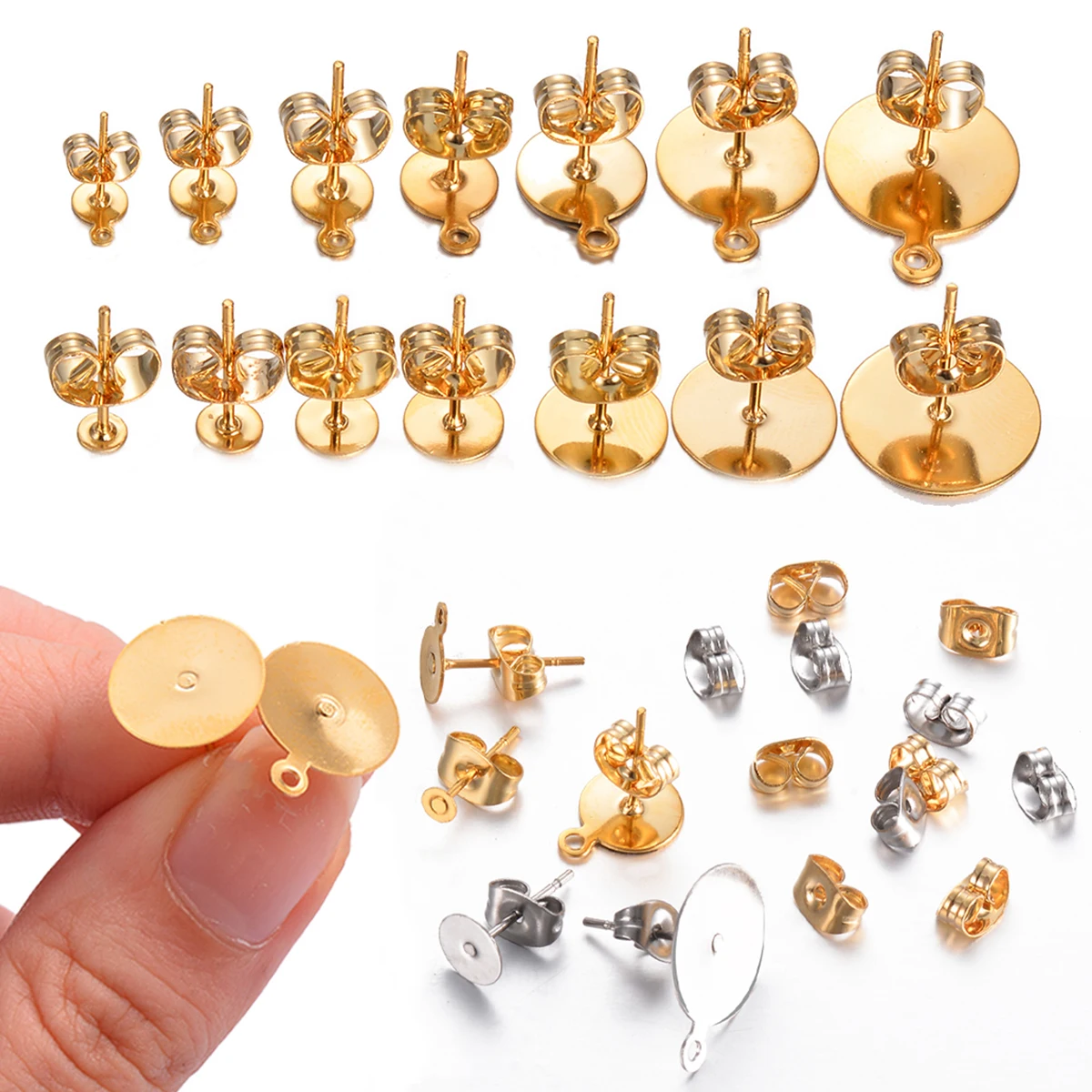 

50-100pcs/lot Stainless Steel Earring Studs Blank Post Base Pins with Earring Plug Findings Ear Back for DIY Jewelry Making
