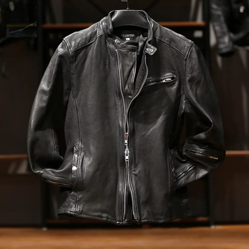 

Leather Jacket Uncoated Water Dyed Top Layer Sheepskin Jacket for Men Water Washed Pleated Diagonal Zipper Motorcycle