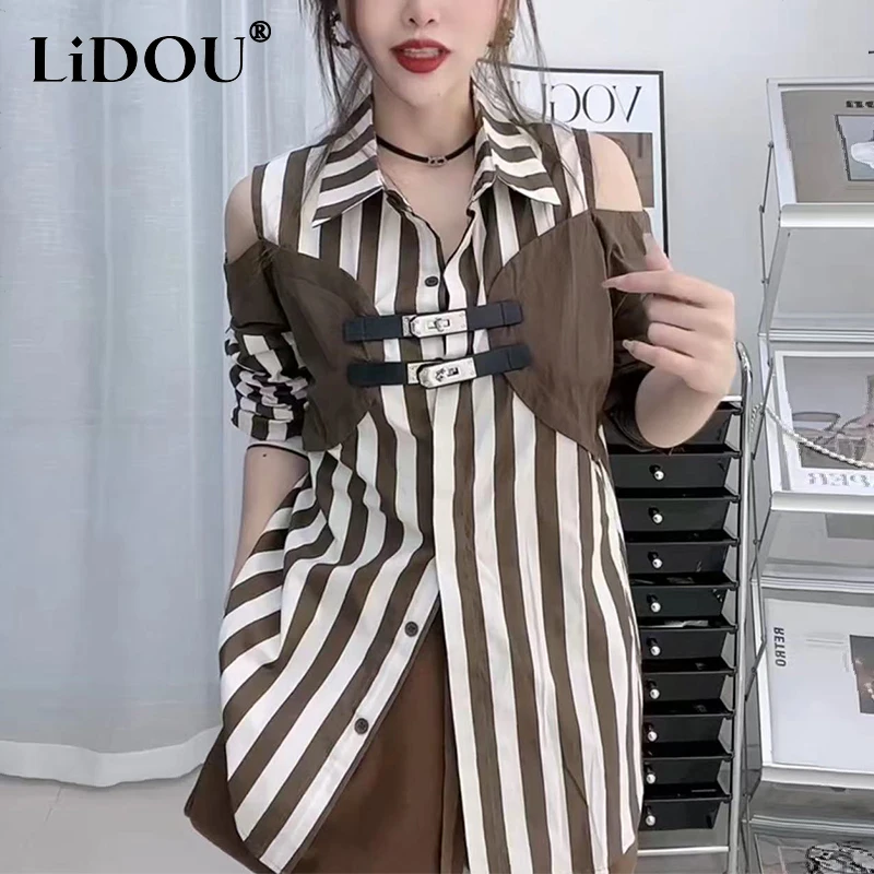 Spring Autumn Street Style Striped Printing Hollow Out Shirt Ladies Long Sleeve Casual Fashion Off the Shoulder Blouse Top Women