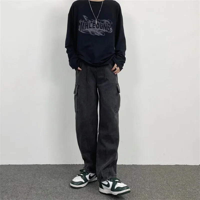 Baggy Straight Men's Cargo Jeans Fashion Streetwear Hip Hop Wide Pants Harajuku Y2K High Street Korean Male Denim Trousers 2