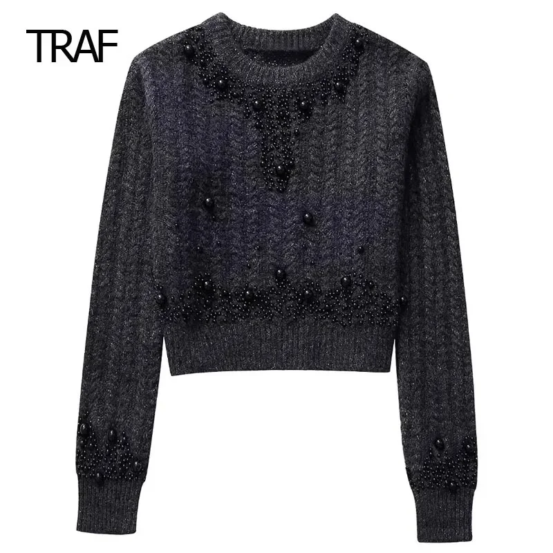 

TRAF Women's Sweater Autumn Winter Cropped Rhinestones Sweater Knit O-Neck Long Sleeves Pullover New In Knitwear Luxury Sweater