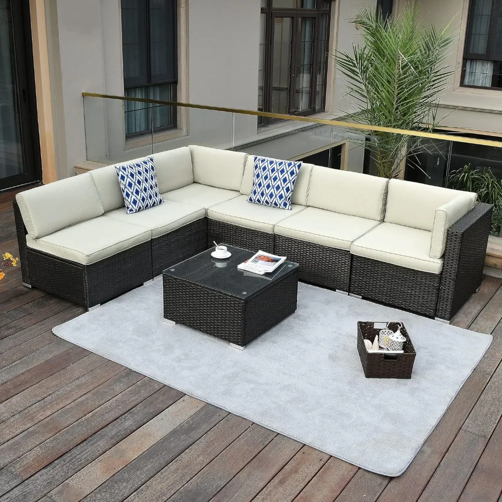 

7 Pieces Patio Furniture Set, Outdoor Sectional Sofa PE Rattan Wicker Conversation Set Outside Couch with Table and Cushions