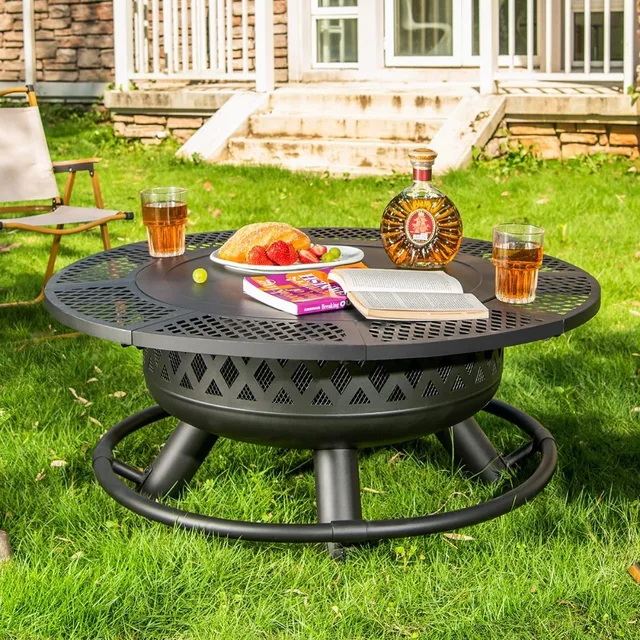36 Inch Fire Pit with Grill,Wood Burning Fire Pits for Outside with Lid& Fire Poker,Round Metal Firepit Table 3 in 1 with Cookin 4