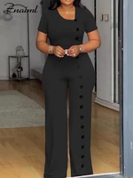 Znaiml Women Elegant Long Jumpsuits for Party Summer Short Sleeve Buttons Solid Color Wide Leg Pants Rompers One Pieces Overalls - Image 3