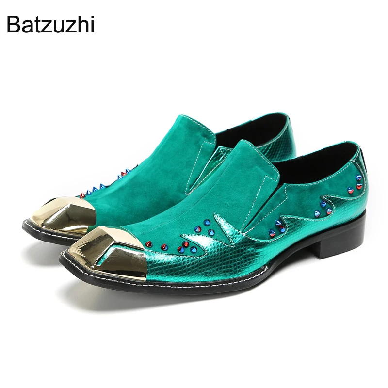 

Batzuzhi Blue Personlaity Men's Shoes Slip on Genuine Leather Dress Shoes Men Iron Toe Fashion Party and Wedding Shoes for Men