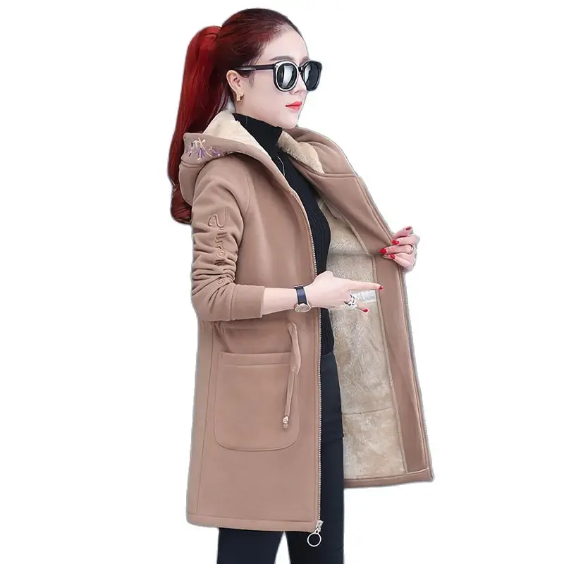

2023 New Spring Autumn Coats Hoodie Mid-Length Add Velvet Winter Jacket Female Casual Embroidery Lamb Wool Hooded Coat Outerwear