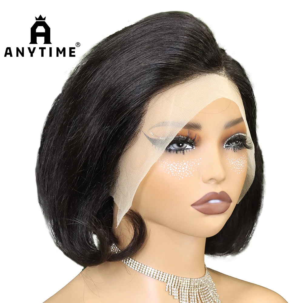 300% Density 13x4 Transparent Lace Front Human Hair Wigs Double Drawn Pixie Short Bob Straight Human Hair Wigs For Black Women