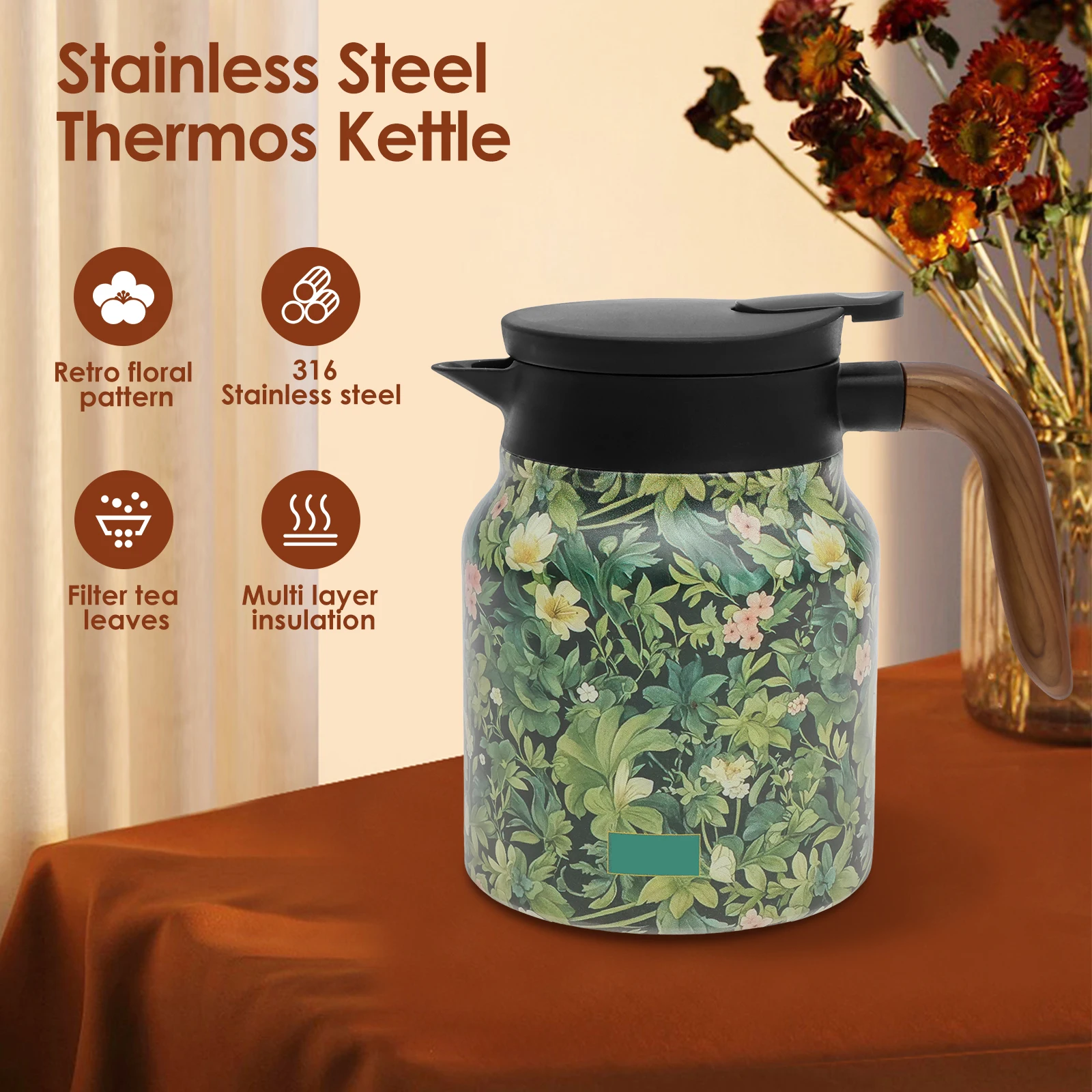 Elegant Floral Stainless Steel Insulated Tea Kettle with Handle and Built-in Infuser, 1L Capacity