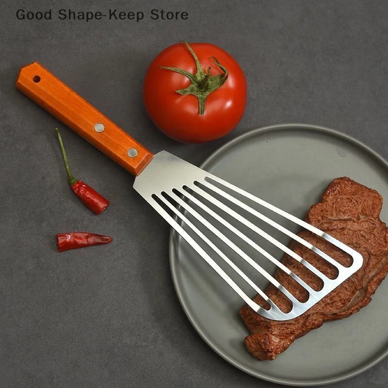 1PC Stainless Steel Cooking spatula Fish Frying Shovel With Wooden Handle Fan-shaped Shovel Household High-temperature Shovel 3
