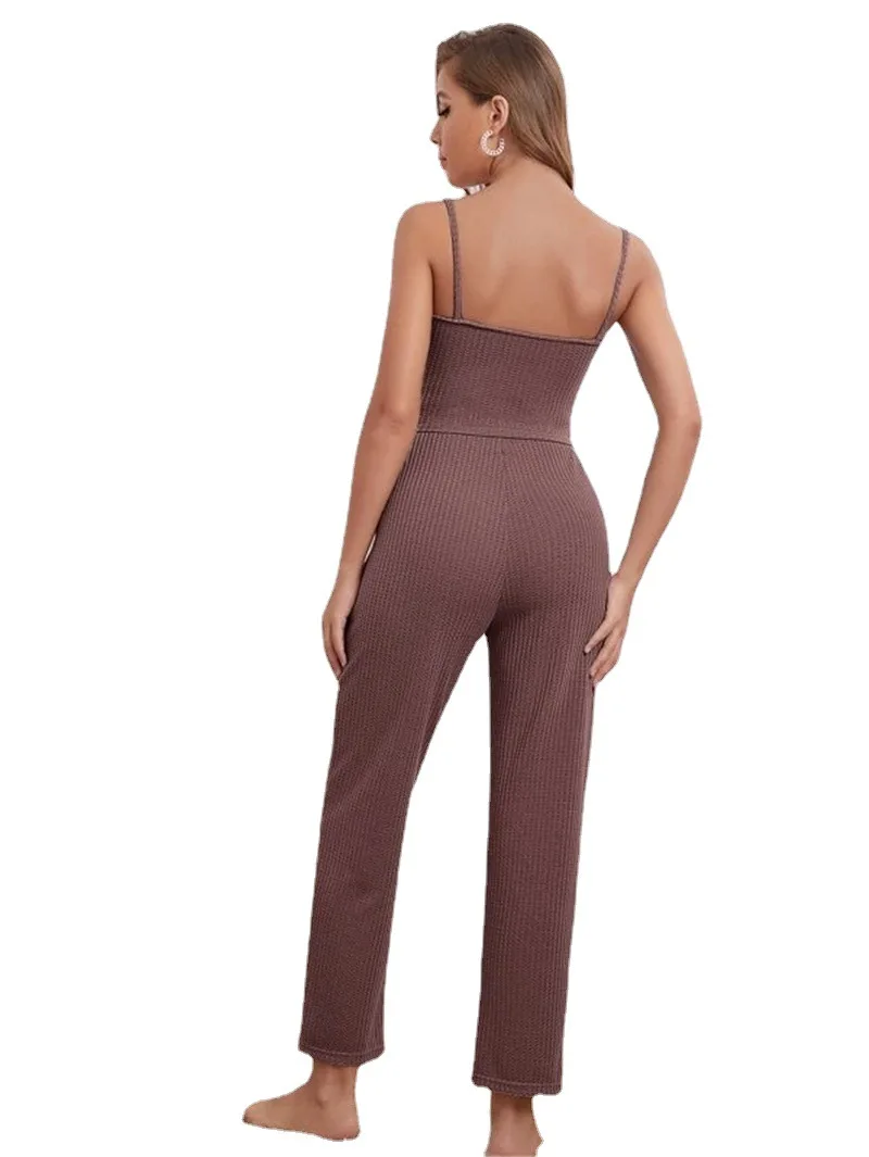 European and American Home Wear Women's Waffle Knitted Suspenders Top Trousers Robe Pajamas Three-Piece Suit