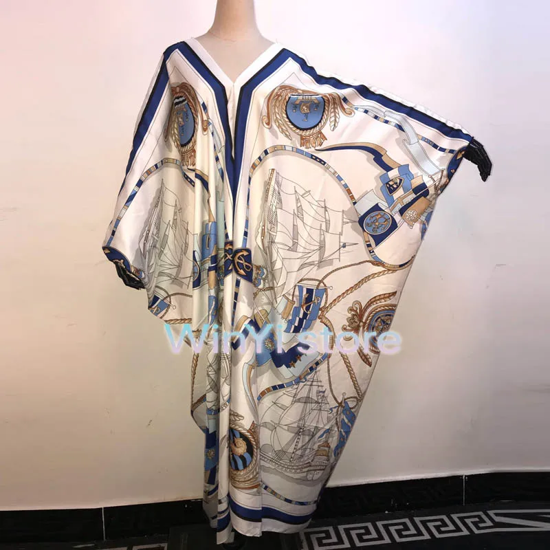 

WINYI Kuwait Dashiki Dress Print Bohemia Loose Elegant silk dress 2021 Bazin Robe Gowns Broder Riche Sexy Lady Party maxi beach