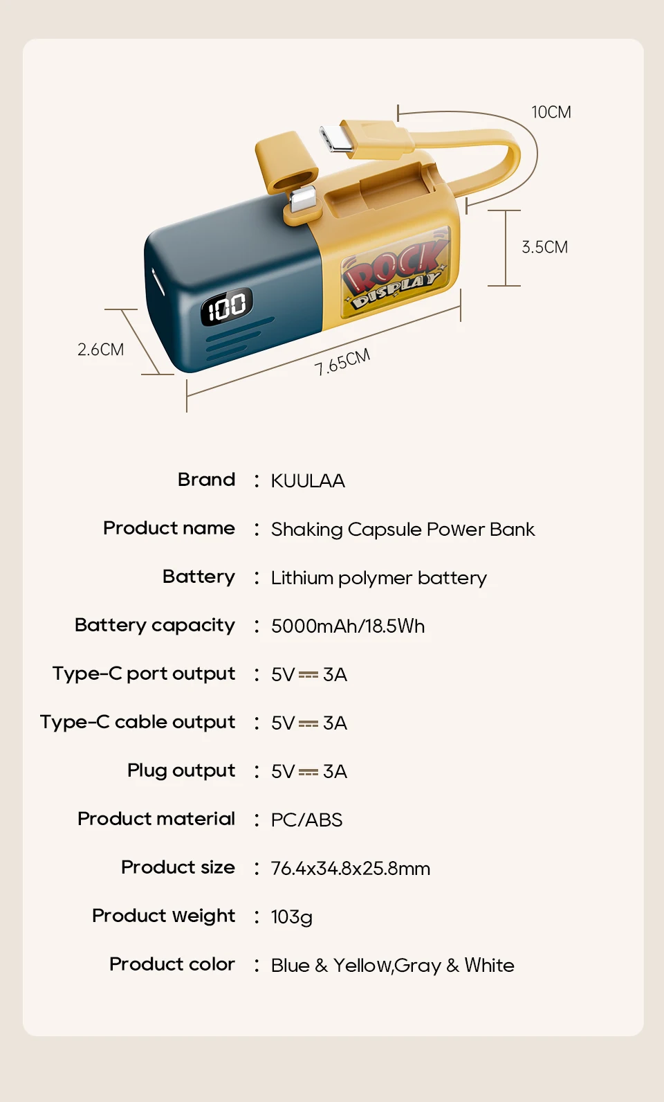 Shaking Capsule Power Bank 5000mAh With Cable Kuulaa